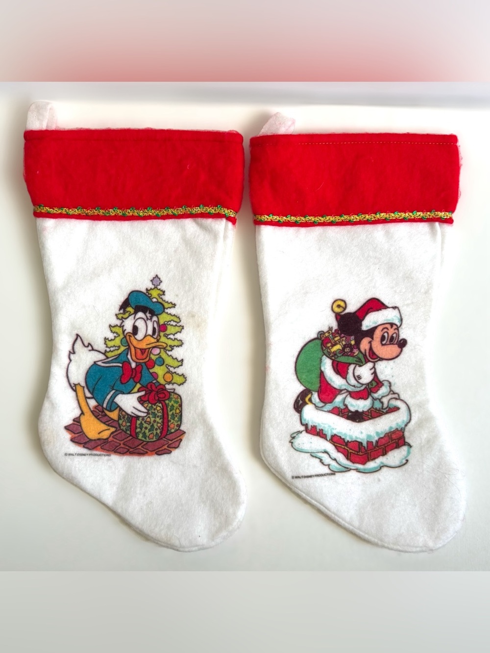 Vintage Disney Mickey Mouse Donald Duck Christmas Stockings Pair Set of 2 Felt